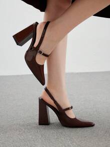 CUCCOO BIZCHIC Simple Basic Coffee Brown Thick Heel Pointed Toe Strap Women's Shoes, Fashion Spring Shoes Spring Break Easter