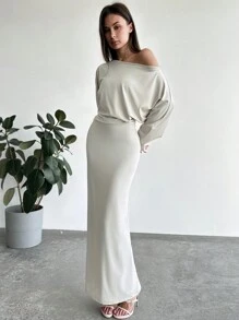 Aloruh Vestido largo de unicolor con cintura y hombro asimétrico, adecuado para vacaciones, citas y salidas, otoño/invierno