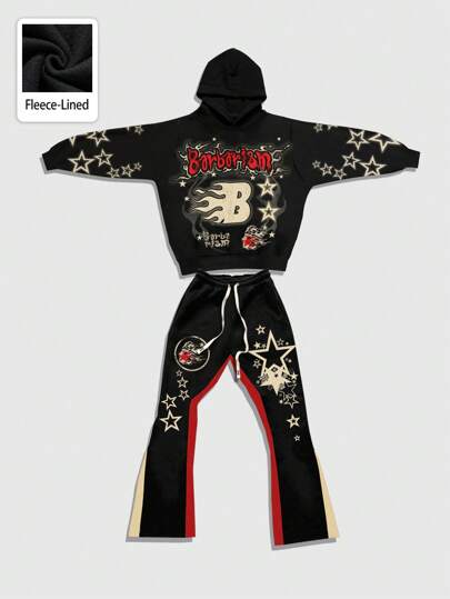 Street Life 2pcs/Set Men Street Style Letter And Star Graphic Hoodie & Sweatpants, Suitable For Spring/Autumn