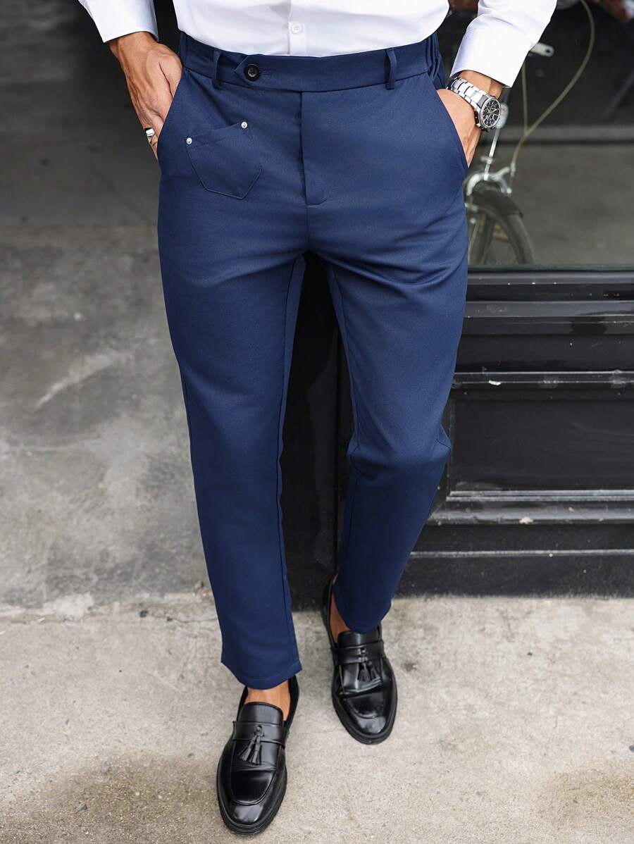 Manfinity Mode Men's Slim Fit Casual Trousers With Pockets, Business Pants,Blue Suit Pants,Boyfriend Gifts - Navy Blue - View 1