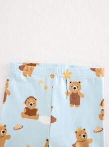 Cozy Pixies 2 件装男婴卡通熊图案条纹柔软针织圆领长袖上衣和裤子贴身睡衣套装