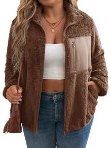 SHEIN LUNE Áo khoác nỉ chắp vá cỡ lớn thường ngày có thể đảo ngược cho quần áo mùa đông - màu nâu - Xem 4