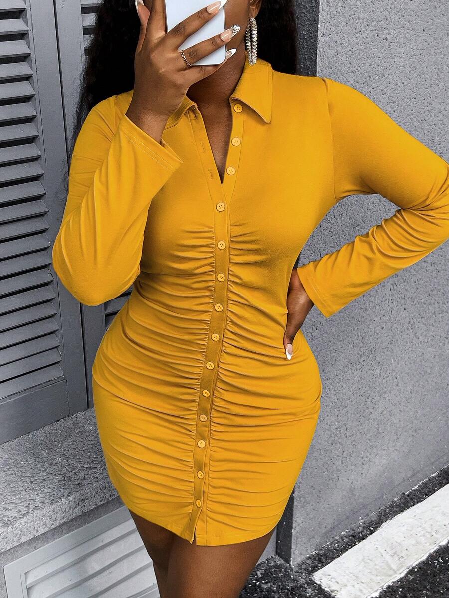 SHEIN Slayr 女士加大码紧身褶饰迷你衬衫连衣裙