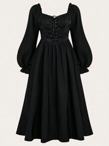 Sweetra Vestido largo estilo maxivestido con cuello cuadrado, cruce de cintas al frente y talla grande para mujer