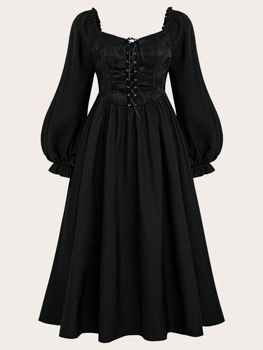 Sunspun Plus Size Women Square Neck Crisscross Tie Front Long Dress Maxi Women Outfit Fall Cloth For Women