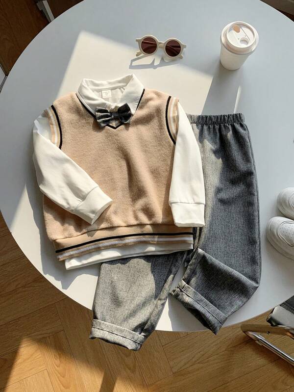 3pcs/Set Young Boys Academy Style Casual Cute Daily Comfort Set: Gray Bow Tie Accent Loose Drop Shoulder White Collar Long Sleeve Polo Shirt & Gray Pants, Complementary Khaki Striped Trim Sleeveless Knit Vest, Suitable For Back To School, Fall Outings, Gatherings, Autumn/Winter