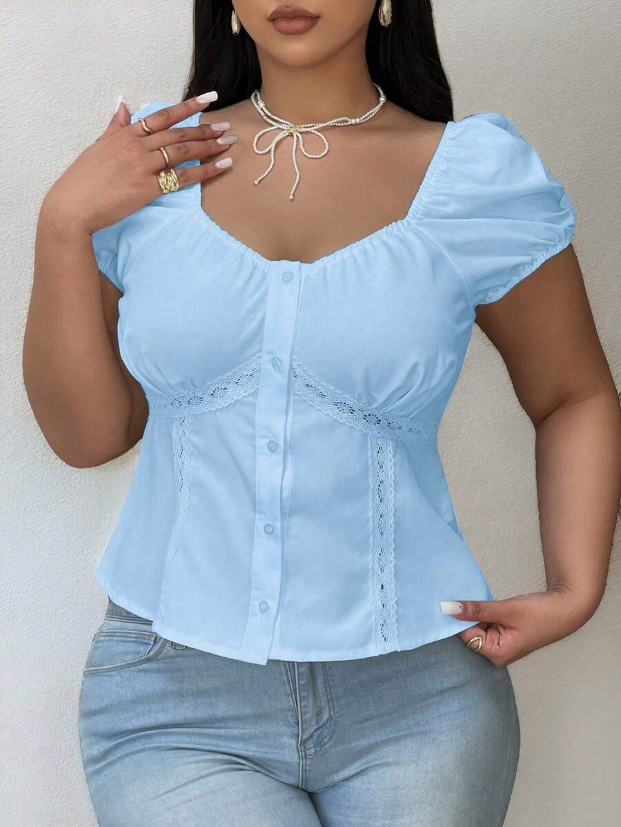 POPSWAY 大码夏季休闲纯色蕾丝边衬衫 - 藍色 - 查看 1