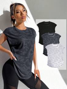 Easithlete 女士迷彩印花短袖休闲运动T恤 3件套健身衫 - 彩色 - 查看 3