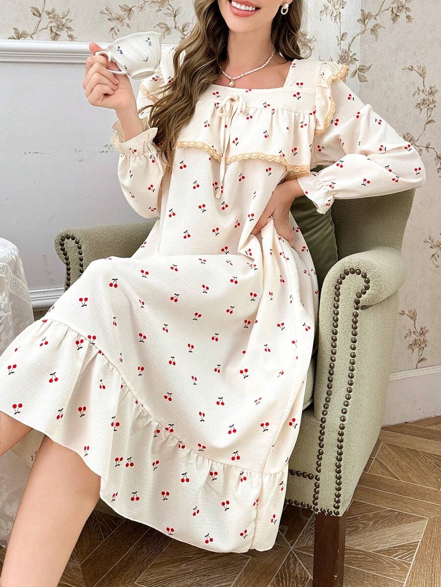 CottageSlumber Camisón holgado de mujer con cuello cuadrado, estampado de cerezas y volantes con bloqueo de color - Albaricoque - Ver 1