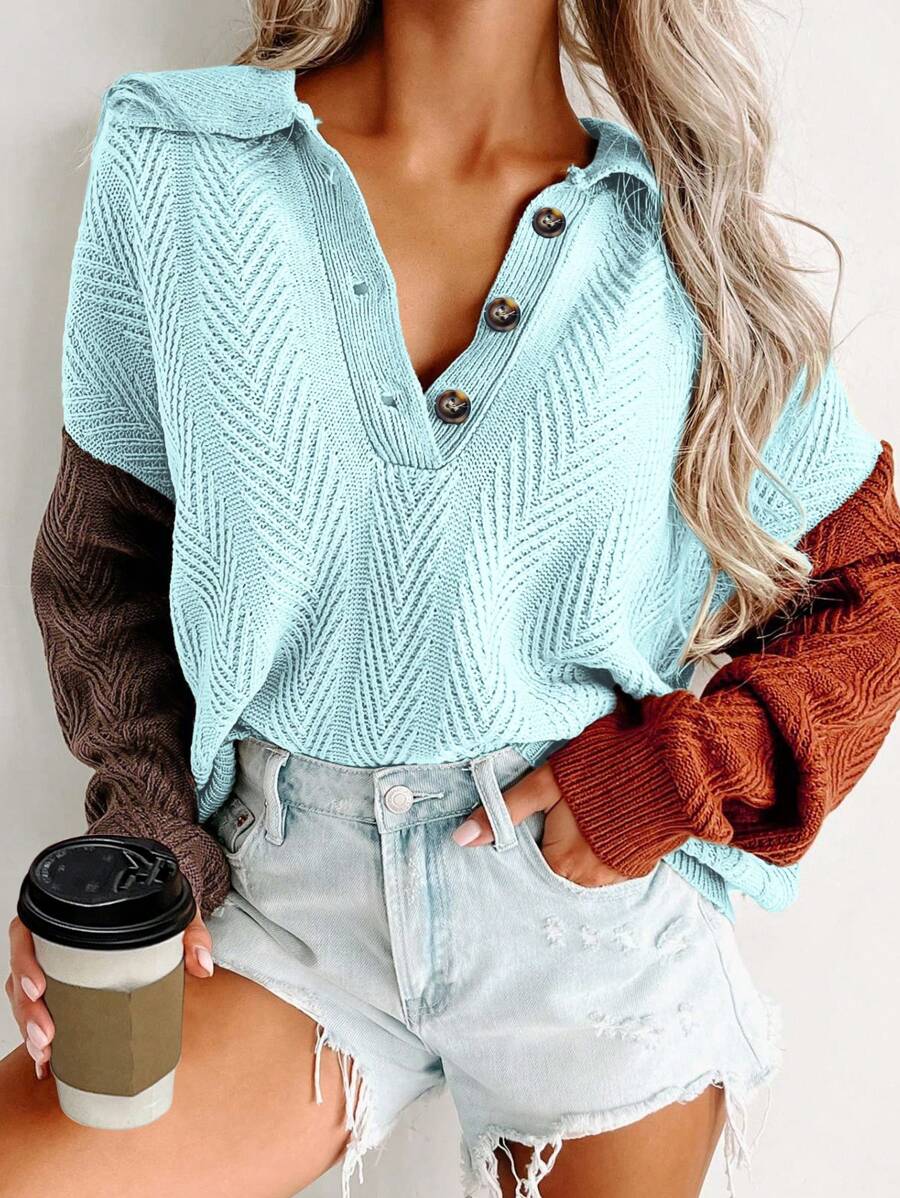 SHEIN LUNE Áo len nữ màu trơn, tay dài, vai rớt, cổ bẻ cài nửa khuy, chất liệu dệt kim họa tiết chắp vá, thích hợp cho mùa thu/đông. - Màu xanh lam - Xem 1