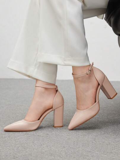 CUCCOO BIZCHIC Apricot Color Thick Heel Hollow Ankle Strap Pointed Toe High Heels, Fashion Pumps For Commute, Party & Dating For And Vibe And Spring Shoes Spring Break Easter