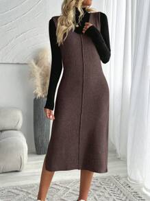 Chiquease 新品欧式修身舒适休闲宽松针织女式套头毛衣裙，时尚背针装饰简约针织连衣裙，适合秋冬季 - 咖啡棕 - 查看 1