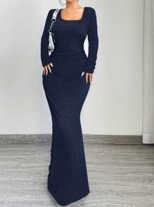 SHEIN SXY Vestido largo de mangas largas con cuello cuadrado brillante, cintura fruncida y ajustado, elegante y glamoroso, apropiado para citas, reuniones, cumpleaños y fiestas