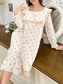 CottageSlumber Camisón holgado de mujer con cuello cuadrado, estampado de cerezas y volantes con bloqueo de color - Albaricoque - Ver 5