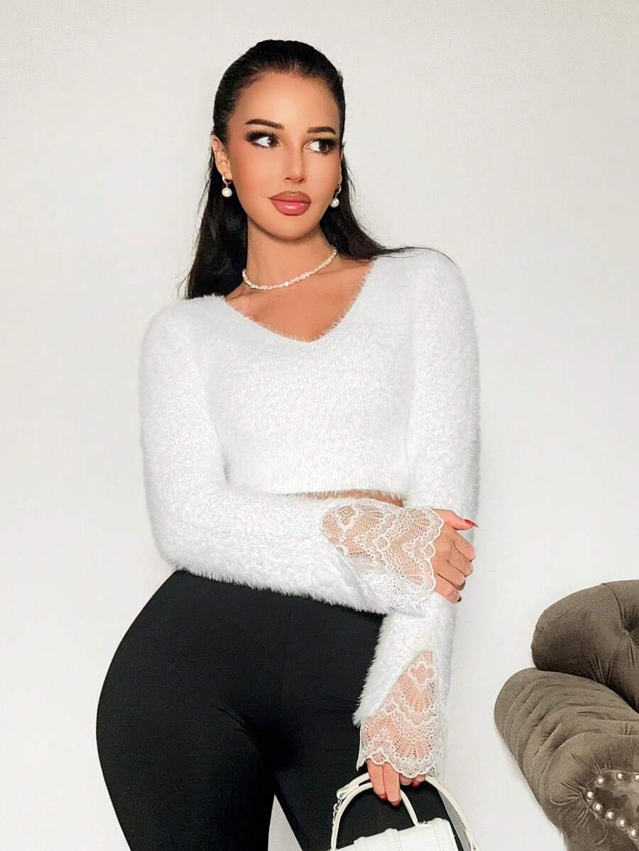 Zolique V-Neck Contrast Lace Long Sleeve Fuzzy Knit Cropped Sweater, Casual Autumn/Winter Knit Pullover Fall - White - View 1