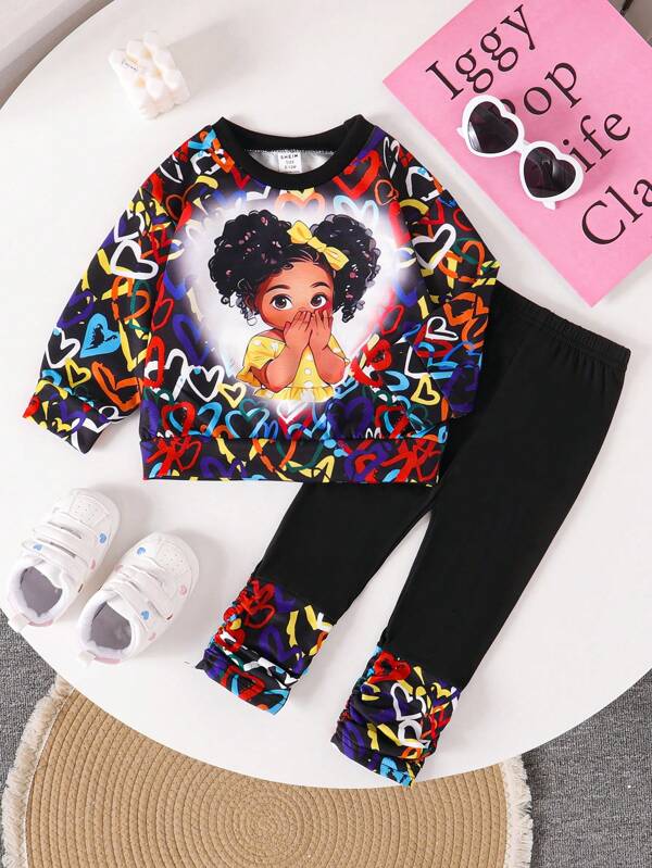 Ensemble décontracté de 2 pièces pour bébé fille, composé d'un sweatshirt près du corps à manches longues avec imprimé cœur, col rond, et d'un pantalon à volants pour l'automne/hiver