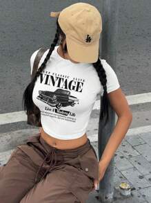 Attitoon Set de 3 camisetas de manga corta, cuello redondo, ajustadas, cortas, con estampados de motocicleta con alas, coche retro y vintage, adecuadas para el verano, para mujer