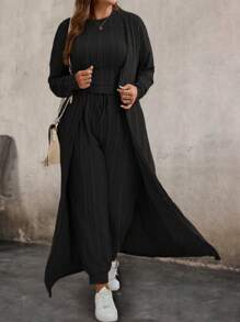 SHEIN LUNE Ensemble grande taille composé d'une veste à manches longues de couleur unie, d'un Top simple à col rond avec un nœud devant et d'un pantalon - Noir - Voir 1