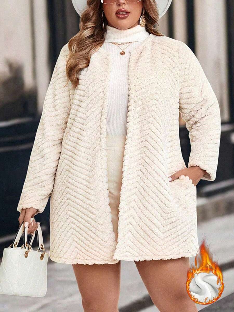 SHEIN Clasi Plus Size Elegant Thickened Mid-Length Coat With Pockets, Autumn/Winter - Apricot - View 1