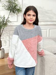 SHEIN Tween Girls Casual Colorblock Patchwork Crew Neck Long Sleeve Sweatshirt, Suitable For Autumn/Winter