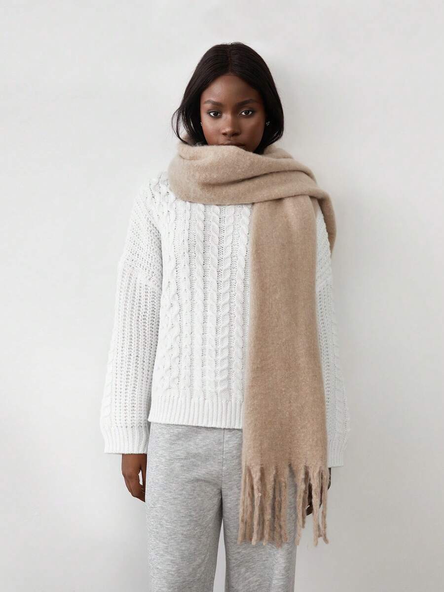 SHEIN Unity 1pc Women's Casual Minimalist Crew Neck Chunky Knit Textured Loose Fit Long Sleeve Sweater, Beige, Autumn/Winter - White - View 1