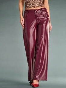SHEIN BAE Pantalones anchos y sueltos de color borgoña sólido, de material de piel sintética (PU) de uso versátil y minimalista, pantalones cálidos para clima frío, atuendos navideños y de Año Nuevo