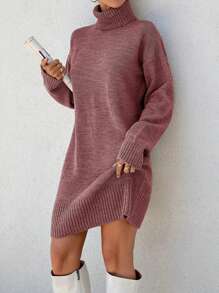 EURMUSE 女士高领蝙蝠袖纯色针织毛衣连衣裙，秋冬季休闲 - 藕粉色 - 查看 3