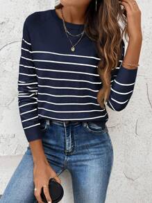 EMERY ROSE Women Striped Crew Neck Casual Comfortable Knitted Sweater, Summer In Fall/Winter - Navy Blue - View 4