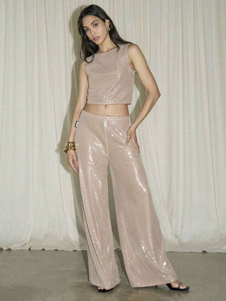 Sequin Wide Leg Trousers And Crop Top