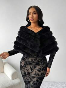 SHEIN Lady 黑色优雅披肩机械纹理优雅女士人造毛皮夹克 - 黑色 - 查看 6