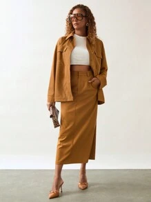 SHEIN Unity Set de 2 piezas: chaqueta y falda de mujer casual de unicolor con cierre delantero de manga larga
