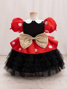 Glamorique Kids Christmas Party Santa Dress, New Year's Dress For Young Girl - Black & White Polka Dot, Sparkle Print, Puff Sleeve Princess Dress With Tiered Skirt, Bowknot, Gold Glitter Stage Performance Costume