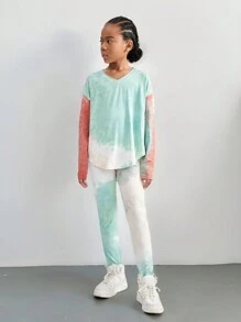 SHEIN 青少年女孩扎染印花 V 领插肩长袖 T 恤和裤子休闲 2 件套，秋季服装 - 彩色 - 查看 5