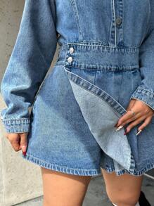 SHEIN Essnce 大码性感牛仔连体裤，蓝色长袖连体衣 - 中等水洗藍 - 查看 4