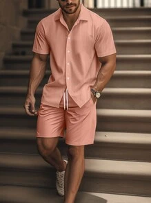 Manfinity RSRT 2 件套男士纯色短袖衬衫和短裤，休闲夏季服装 - 珊瑚橙 - 查看 1