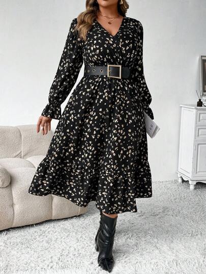Rometta Plus Size Women's Autumn/Winter Fashion Casual V-Neck Ditsy Floral Long Cinched Waist Dress, Slimming Silhouette Maxi Women Outfit Fall Cloth For Women
