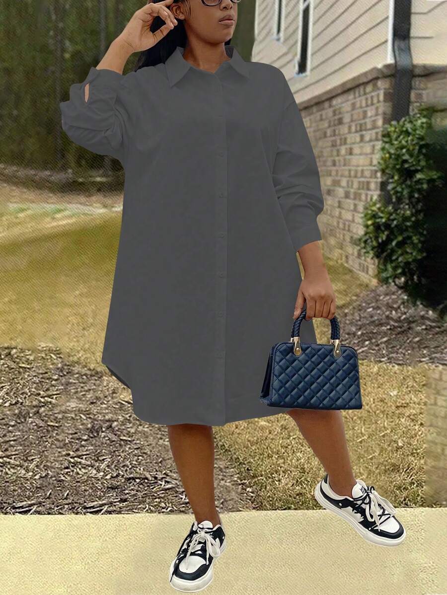 Maweii Plus Size Solid Color Button Front Long Sleeve Casual Short Dress - Dark Grey - View 1