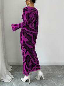 Elenzga Women All Over Pattern Flare Sleeve Sweater Dress, Autumn/Winter - Purple - View 2