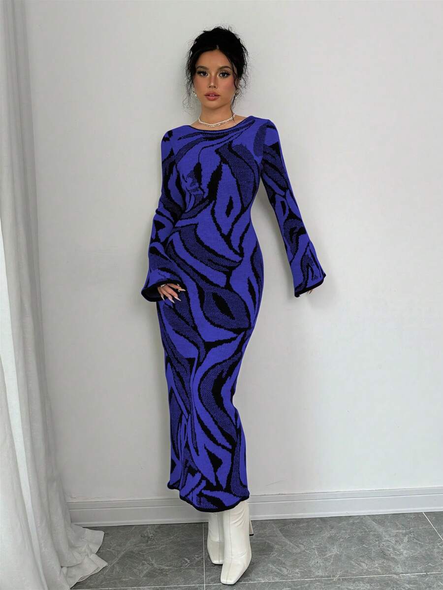 Elenzga Women Casual Colorblock Flare Sleeve Sweater Dress, Autumn/Winter