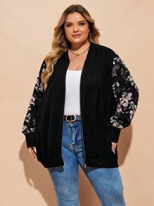 SHEIN CURVE+ Curve Plus Size Flower Printed Zipper Jacket