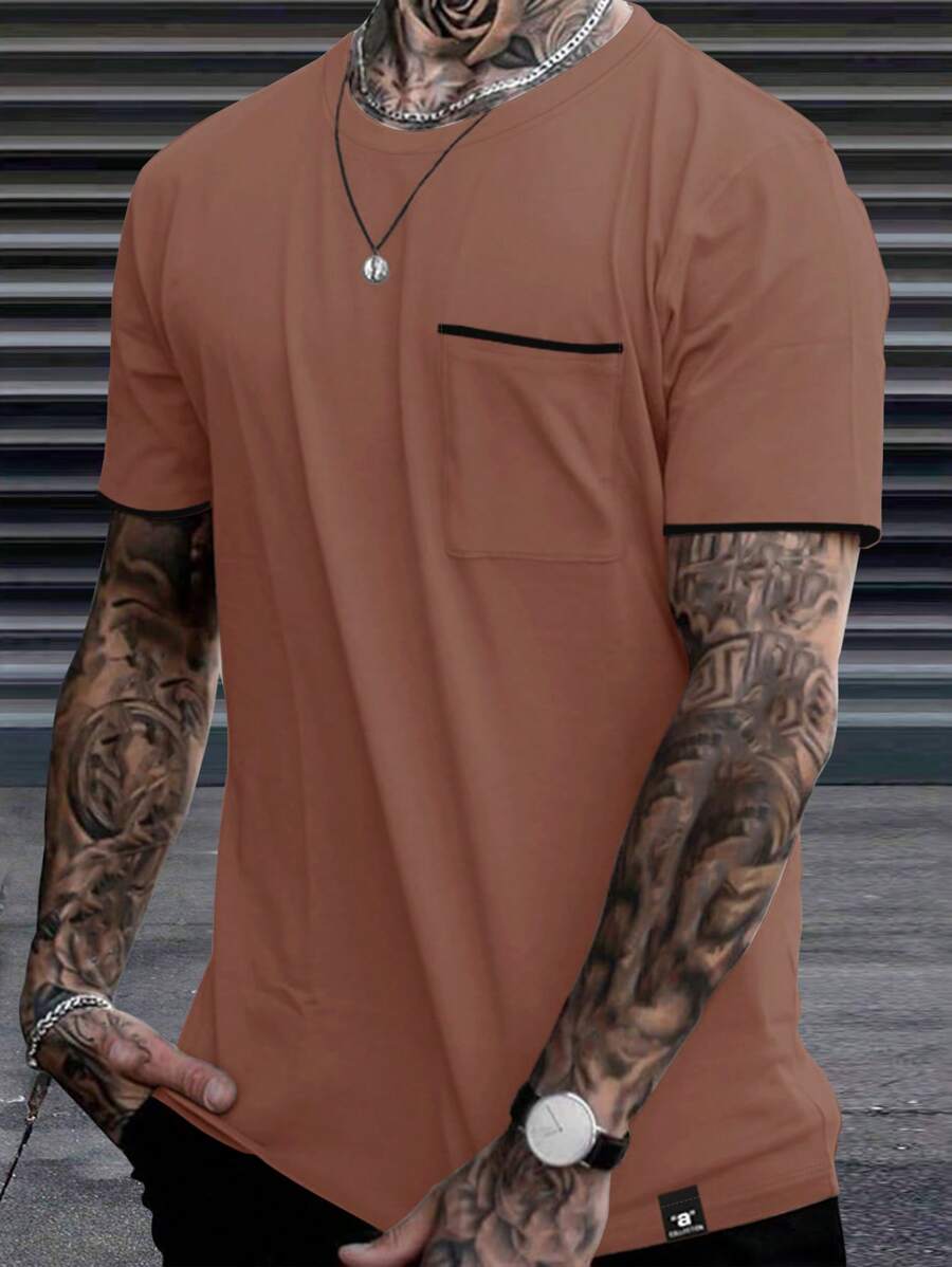 Manfinity Homme 1 件男士休闲圆领短袖口袋 T 恤，夏季日常穿着 - 咖啡棕 - 查看 1