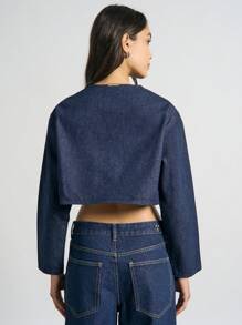 AiiRZ Cropped Utility Denim Trucker Jacket Four Patch Pockets Button Front Winter Fall Spring Casual Streetwear Classic Workwear Style - Blue - View 2