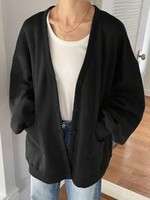 DAZY 女式长款宽松前开羊毛连帽衫，秋季女装运动衫夹克拉链 - 黑色 - 查看 4