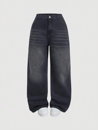 SHEIN MOD Plus Size Loose Fit Washed Wide Leg Black Baggy Boyfriend Jeans, Fall Women Clothes