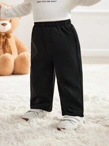 SHEIN Baby Boys Street Style Warm Comfortable Thermal Lined Straight Leg Pants, Suitable For Outings, Daily Gatherings, Autumn/Winter Season - Black - View 5
