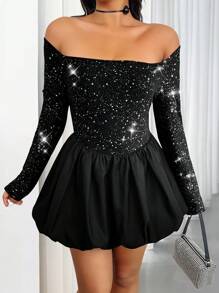 Allurite Vestido con volantes y parches brillantes, con estilo para el otoño, talla grande - Negro - Ver 5