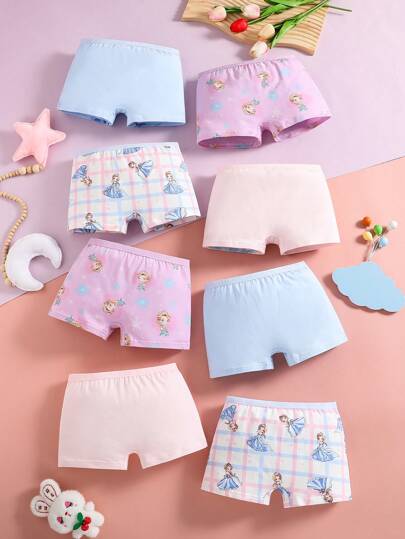 8pcs/Pack Cartoon Princess Blue Cotton Briefs For Tween Girl