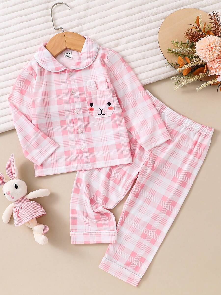 圣诞女婴格子印花卡通刺绣睡衣套装 - 粉色 - 查看 1