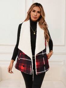 SHEIN LUNE Christmas Red Plaid Flannel Padded Vest For Women, Winter Christmas Outfits Christmas Vacation Teddy Coat Thanksgiving Outfit Holiday Outfits New Years Outfit