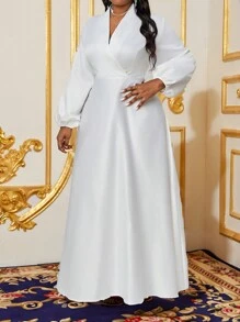 Fleurora Autumn And Winter Elegant Plus Size Long Sleeve A Line Dress Bishop Sleeve White Wedding Valentine's Day Cocktail Party Plus Size Dresses Costume Prom Dress Fall Women Dresses Holiday Dress White Dress Greek Goddess Dress - White - View 4
